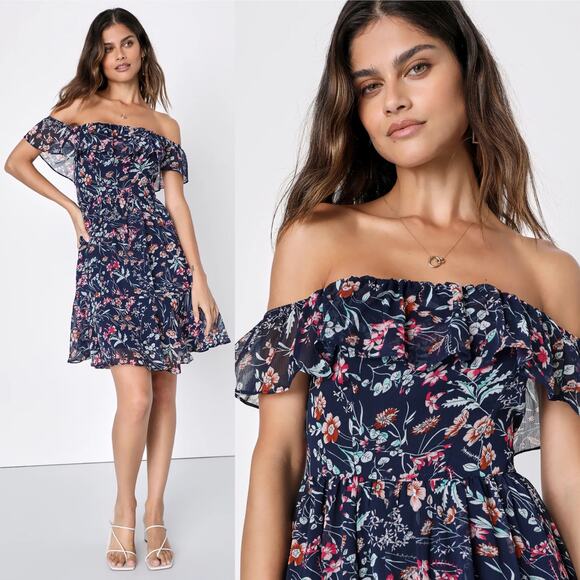 Lulus My Favorite Navy Blue Floral Print Off-the-Shoulder Dress - Picture 2 of 9